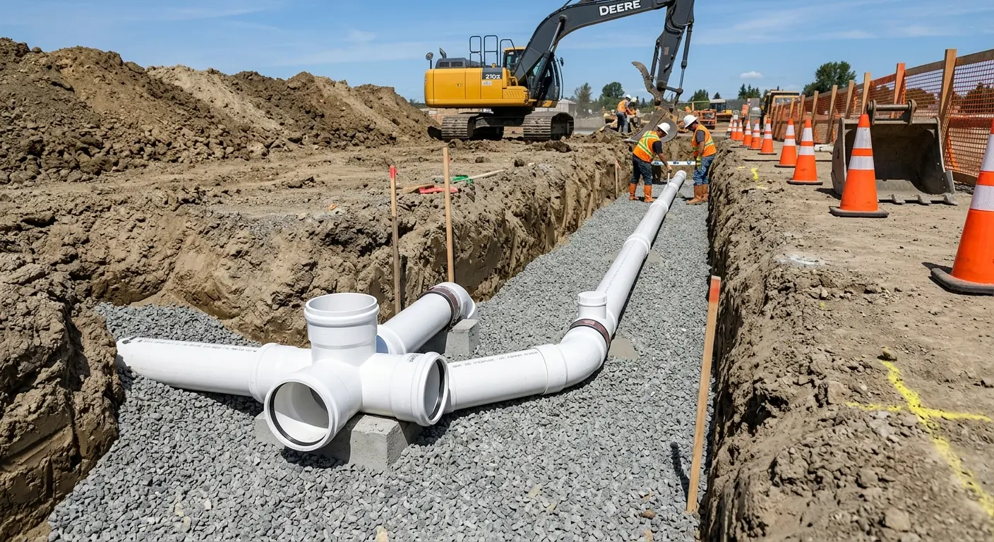 New PVC sewer pipe installation in open trench for Sewer Backup in Pleasant Prairie