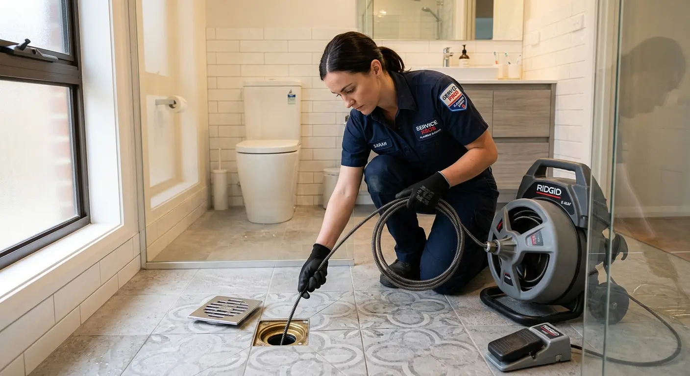 Technician clearing a bathroom floor drain for Sewer Line Replacement in Pleasant Prairie